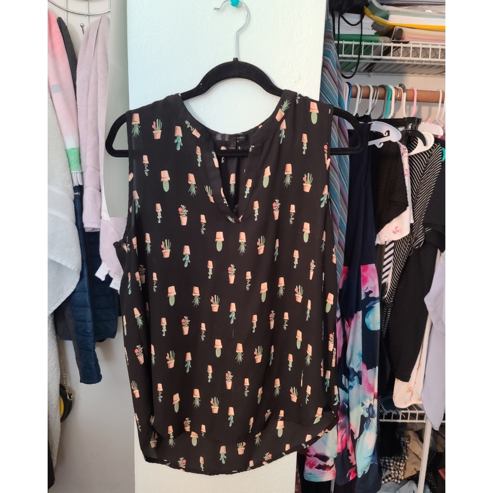 Black Succulent Print Sheer Top
